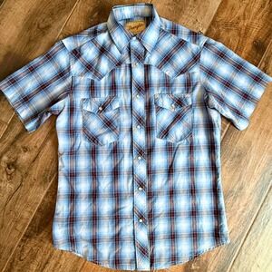 Wrangler Mens VTG Western Plaid Pearl Snap Short Sleeve Shirt, Blue Black, L